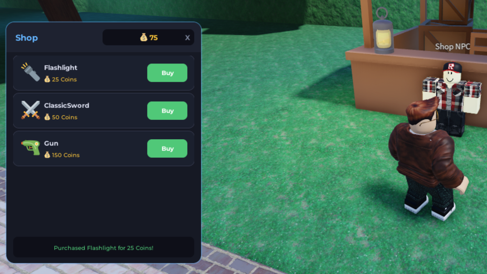 Easy Economy System shop interface showing item purchases and live coin balance