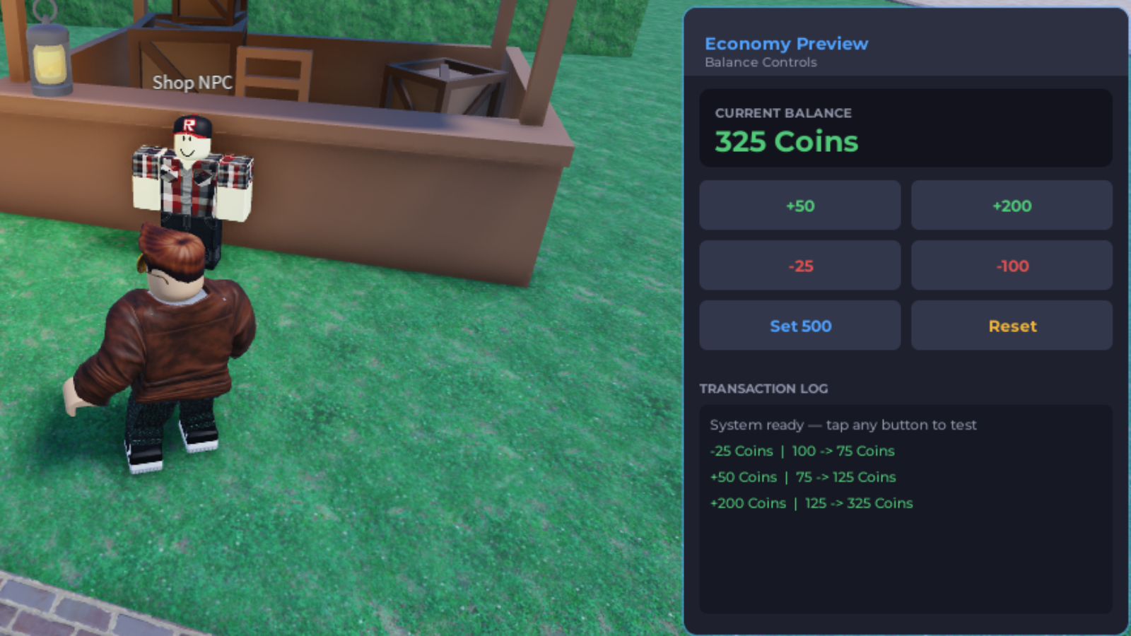 Easy Economy System admin preview showing balance controls and transaction log