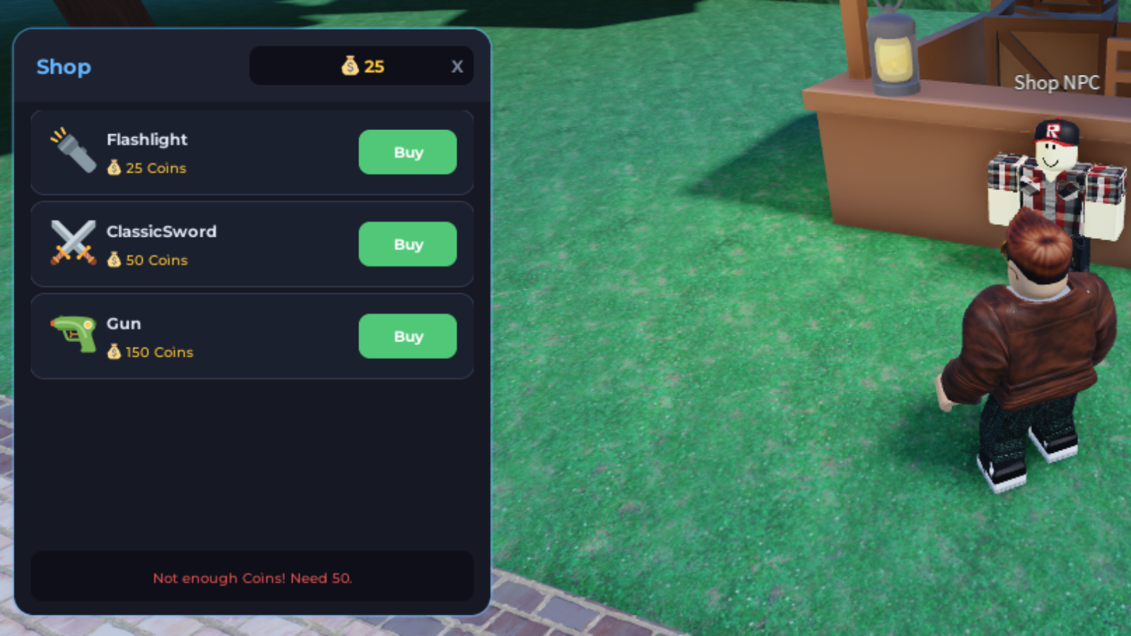 Easy Economy System shop interface showing insufficient funds validation