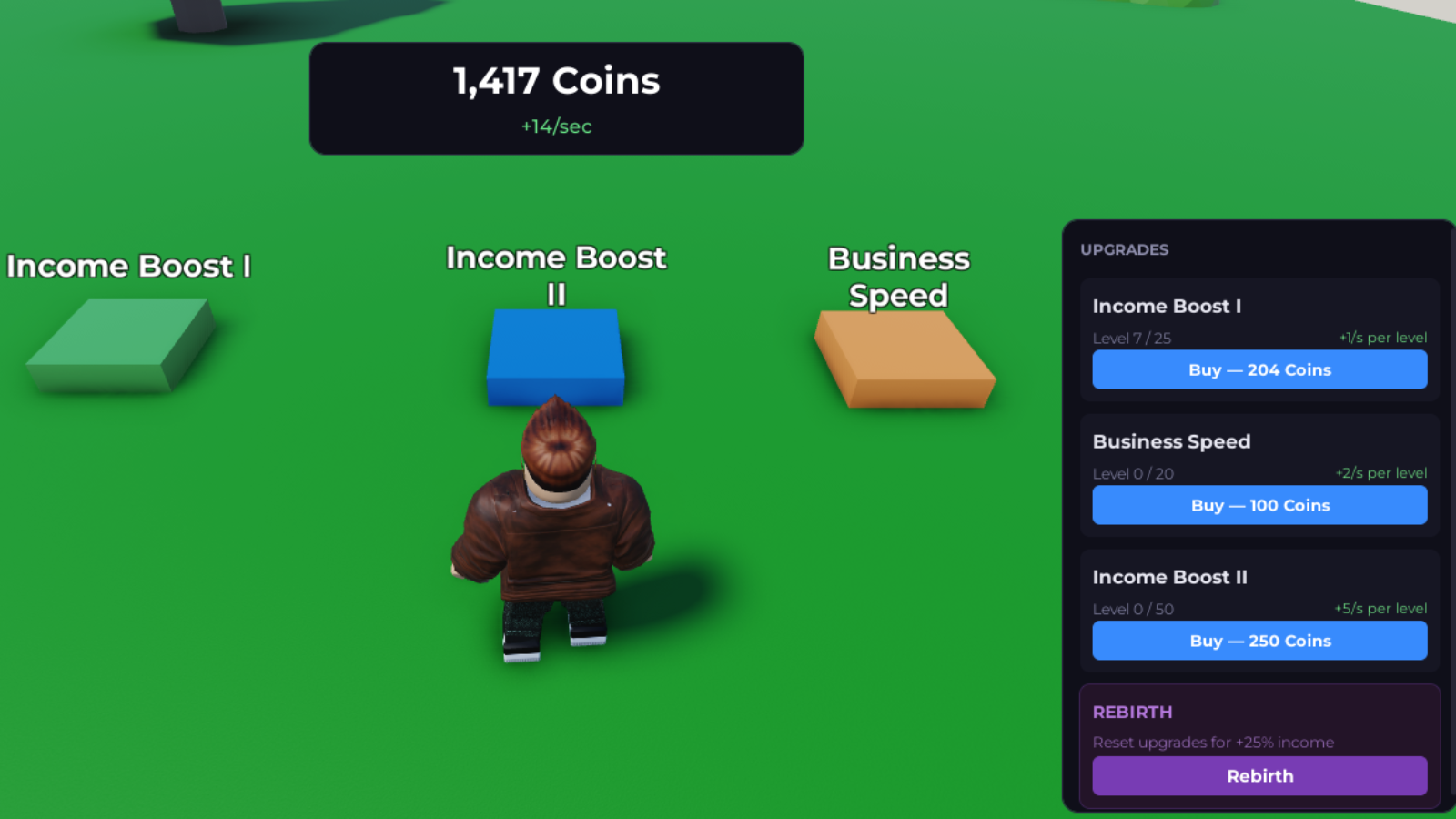 Easy Tycoon Engine in-game demo showing upgrade buttons, balance HUD, and side panel