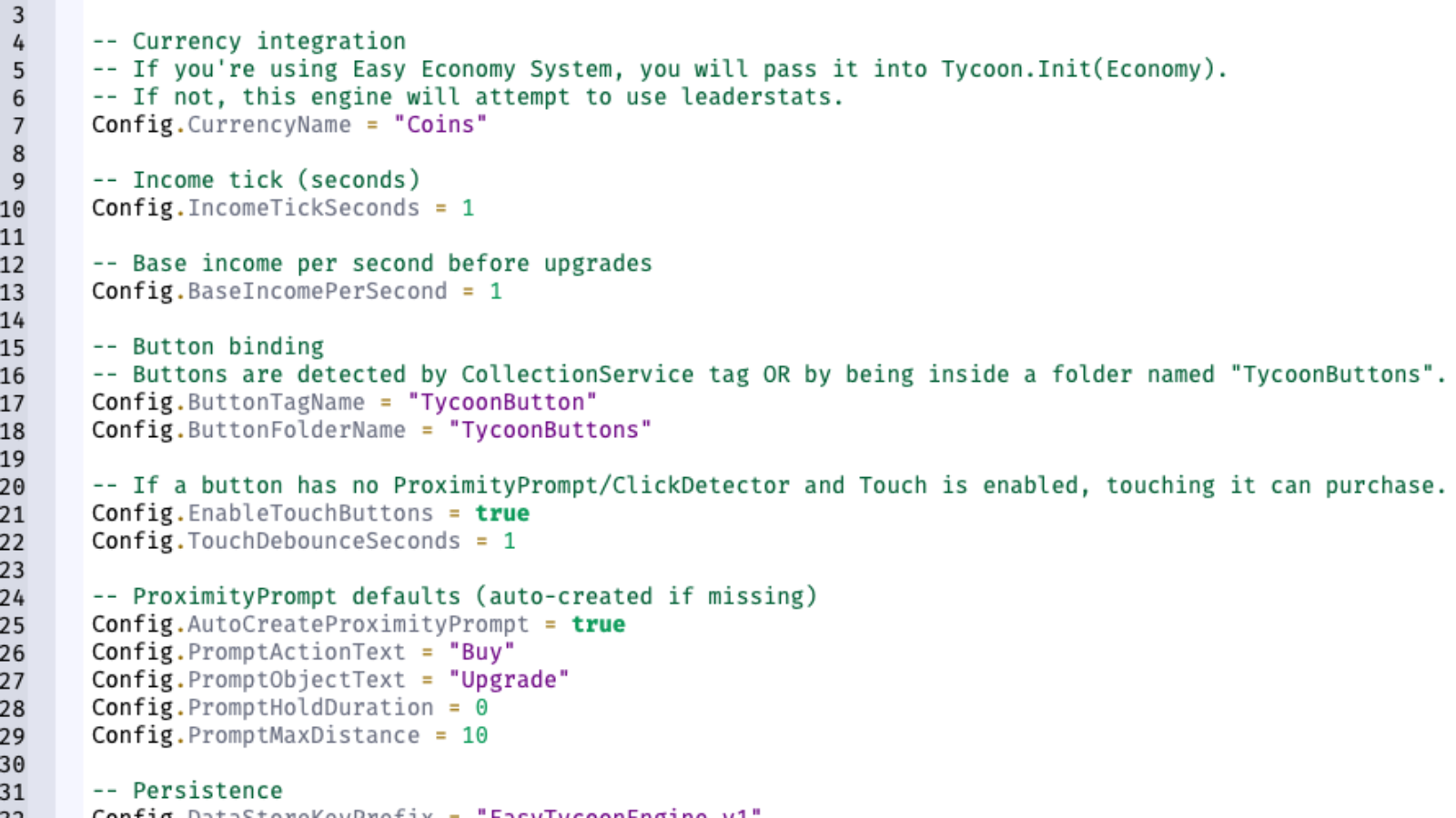 Easy Tycoon Engine Config.lua showing currency, income, button binding, and persistence settings