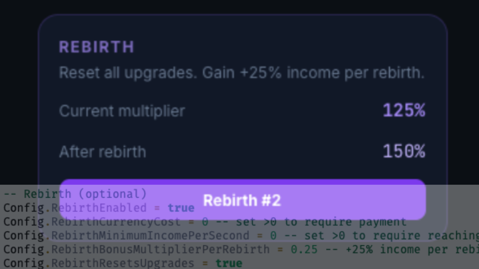 Easy Tycoon Engine rebirth panel showing multiplier preview and config options