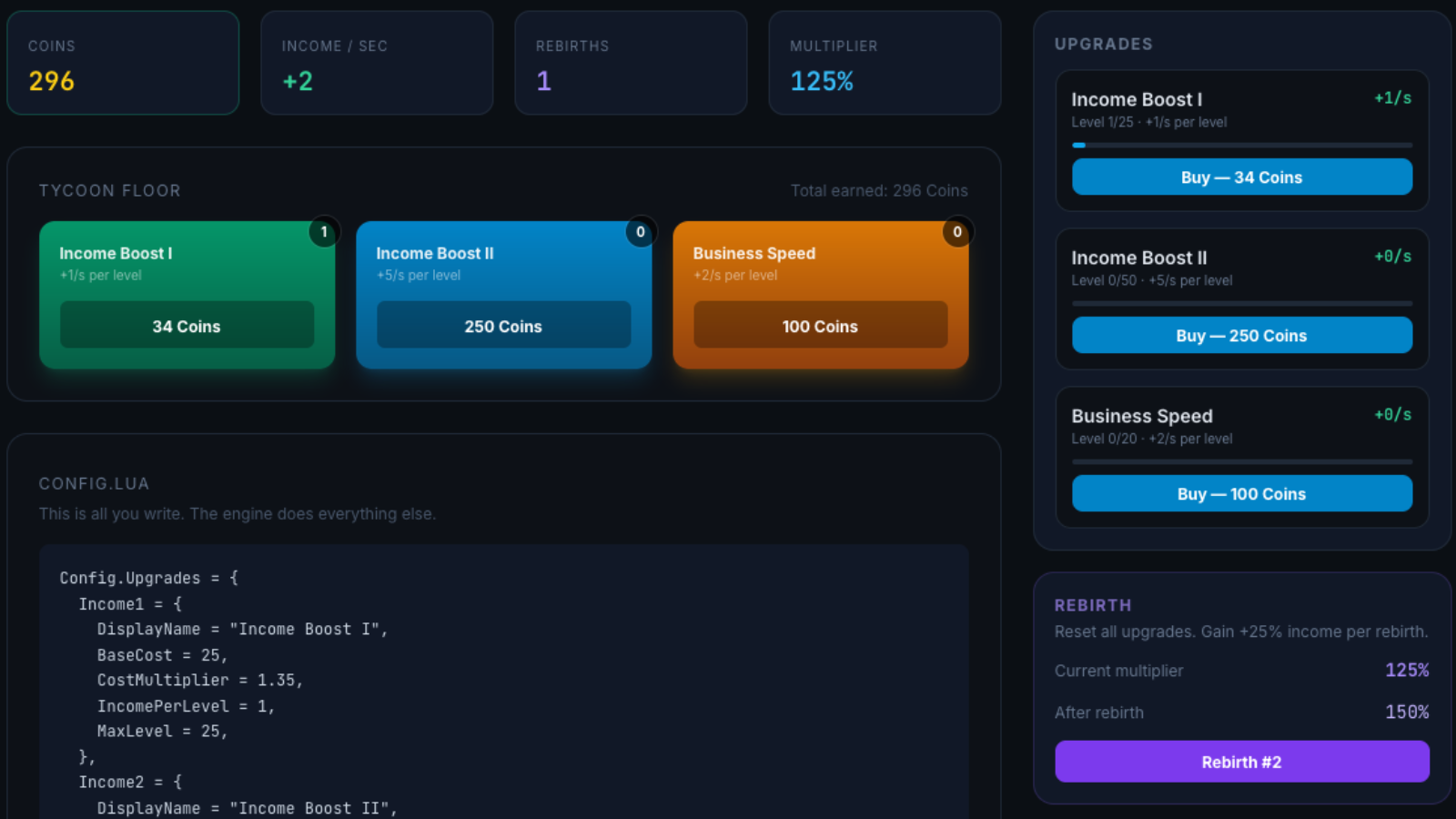 Easy Tycoon Engine interactive web demo with tycoon floor, upgrade cards, and config preview