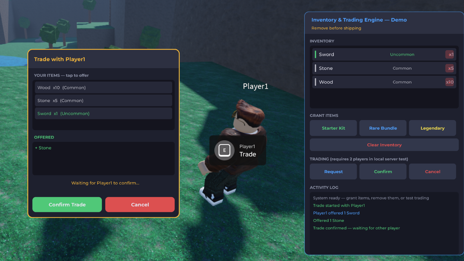 Proximity trade UI with item offers, confirm and cancel buttons, and live activity log