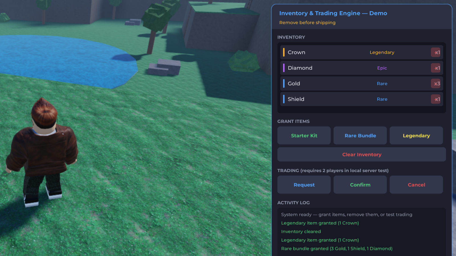 Inventory demo panel with rarity-sorted items, grant buttons, and trading controls
