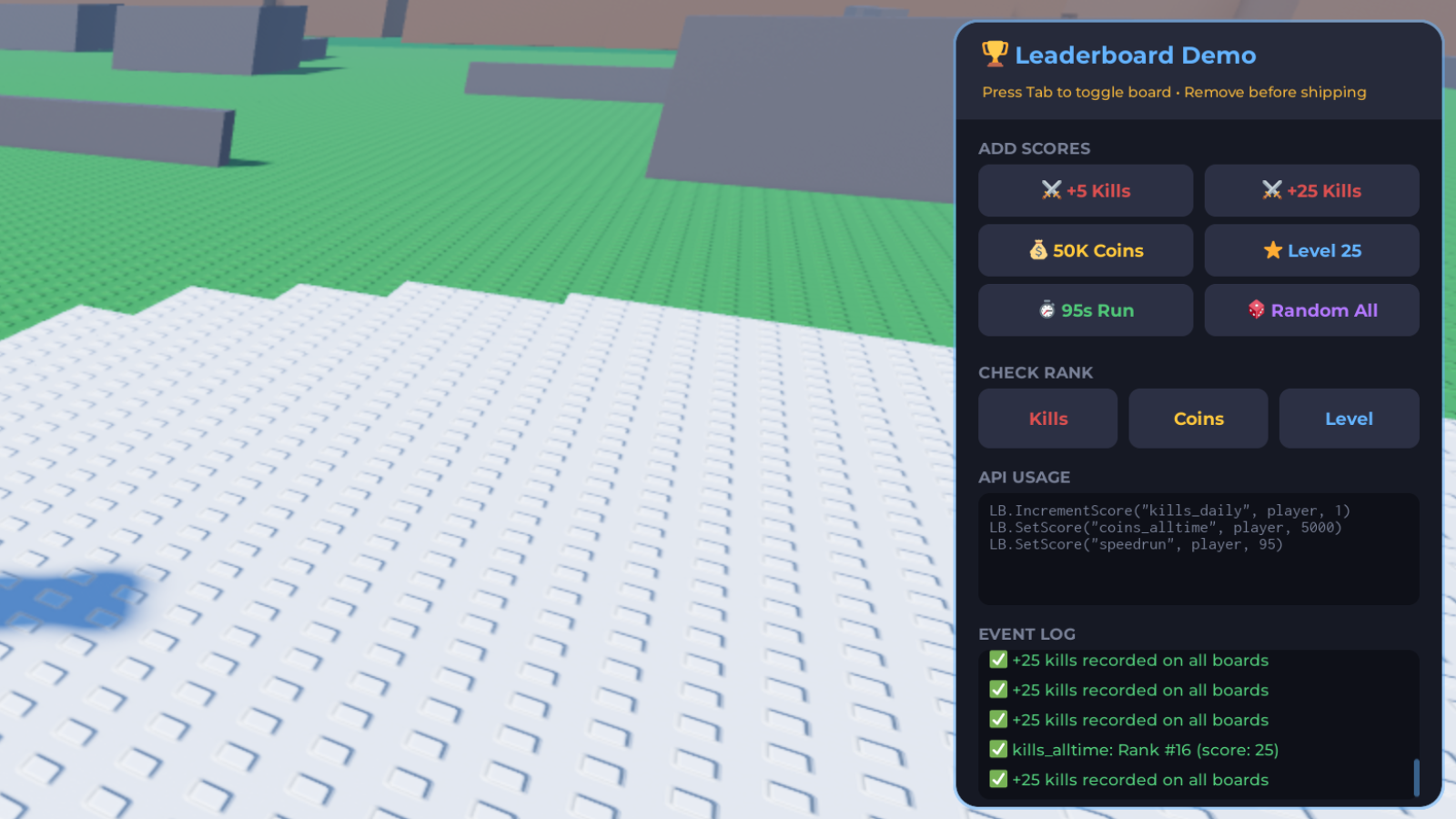 Leaderboard demo panel with score controls, rank checks, and API usage examples