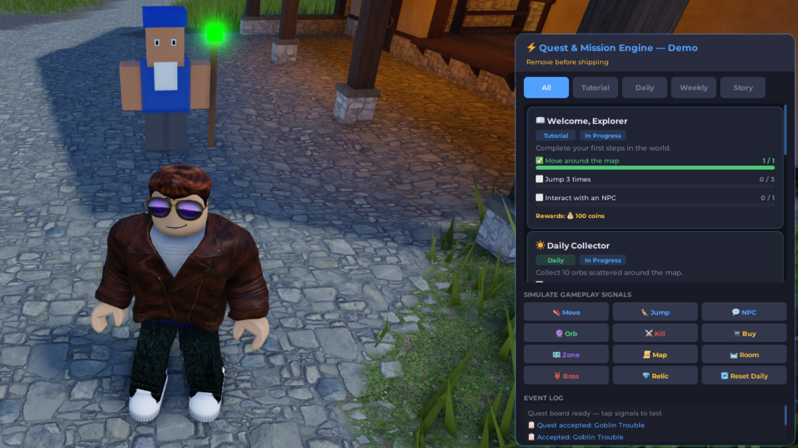 Quest & Mission Engine demo showing quest panel with objectives, progress bars, and signal simulation buttons