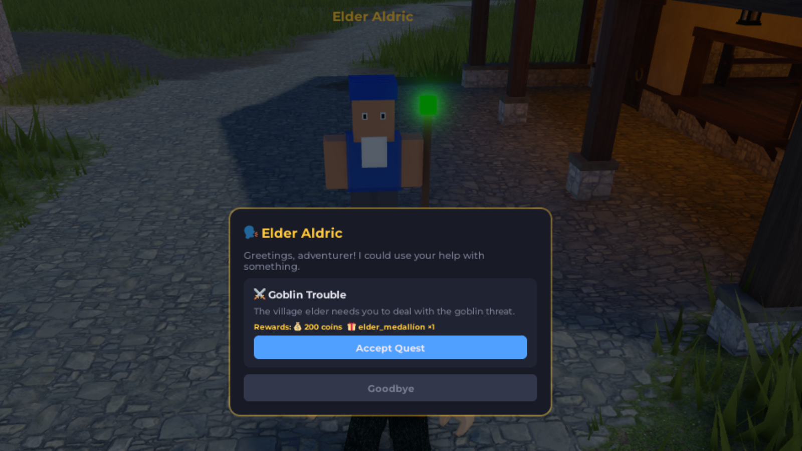 Elder Aldric NPC dialog showing quest offer with accept button and rewards