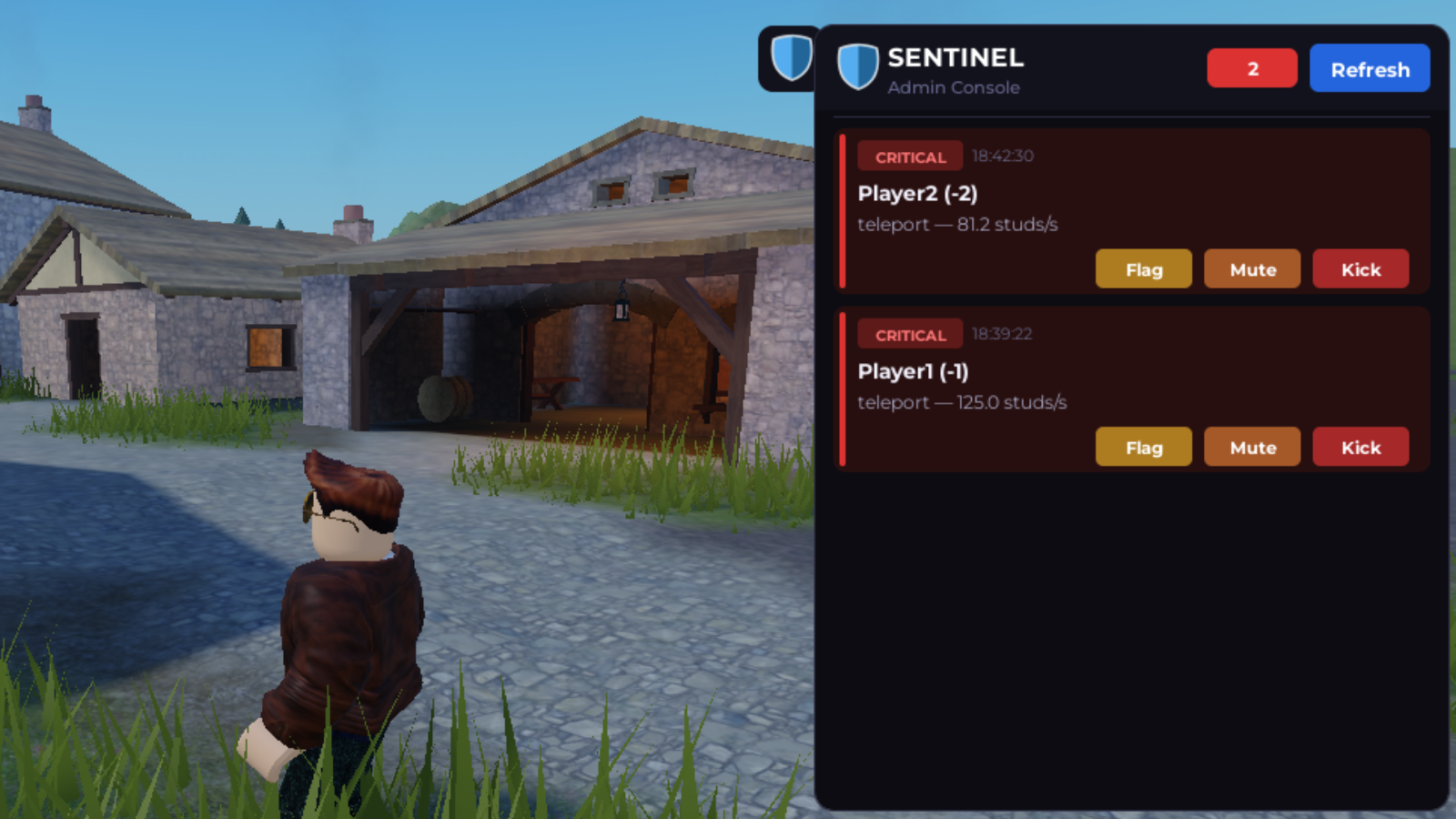 Sentinel admin console open in-game showing multiple exploit detections alongside gameplay