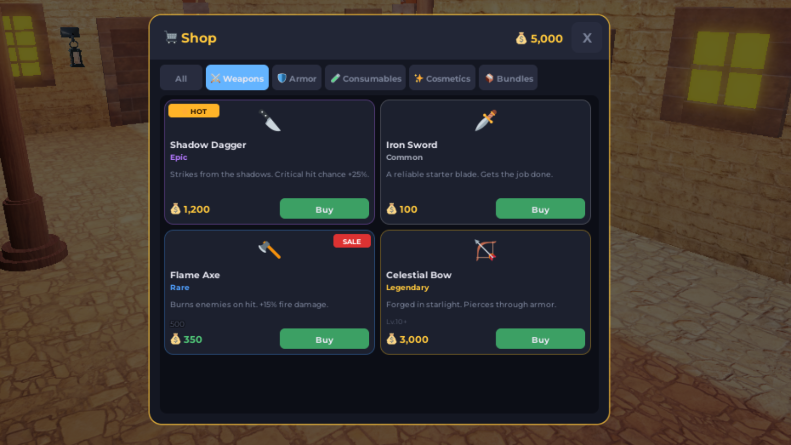 Shop storefront UI with category tabs, item cards showing rarity, pricing, and buy buttons