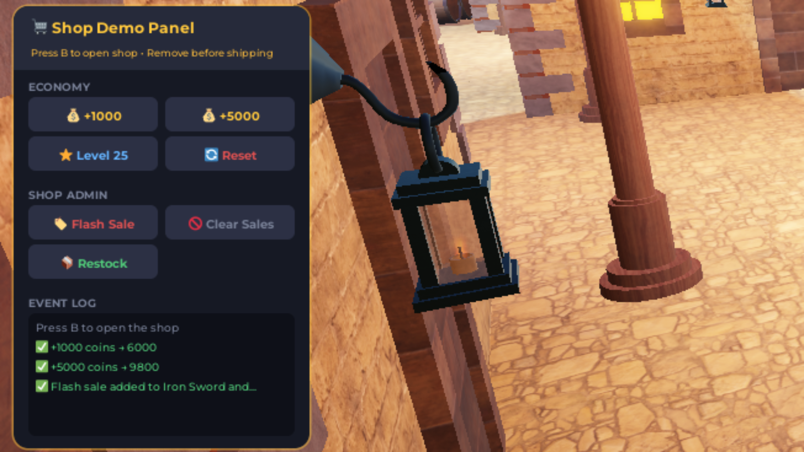 Shop demo panel with economy controls, admin tools for flash sales, and event log